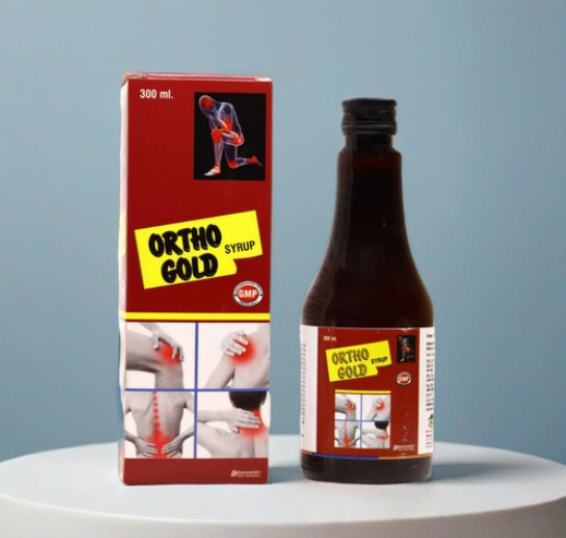 Ortho Gold Syrup For muscle and joint pain by dhanvantri seva sansthan product image this image consist of a platform where the ortho gold syrup bottle and box is placed the background is of light blue colour and the platform is of white colour