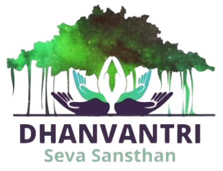 Official Logo of Dhanvantri Seva Sansthan this logo consists of a banyan tree with its roots in the ground a hand carrying the tree on its palm