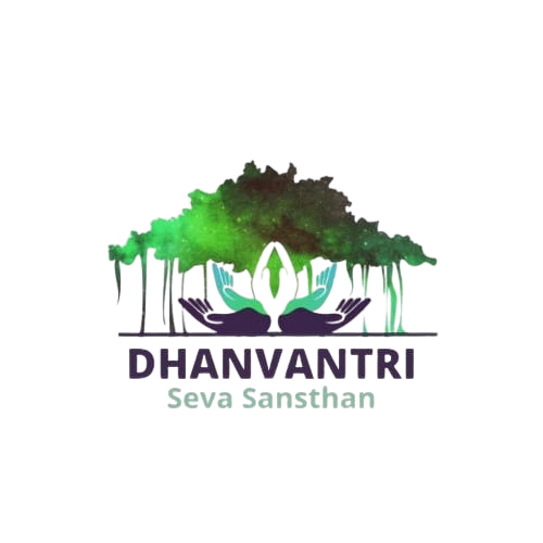 Official Logo of Dhanvantri Seva Sansthan this logo consists of a banyan tree with its roots in the ground a hand carrying the tree on its palm